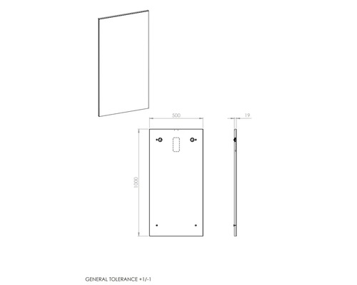 Technický nákres zrcadla s rozměry
