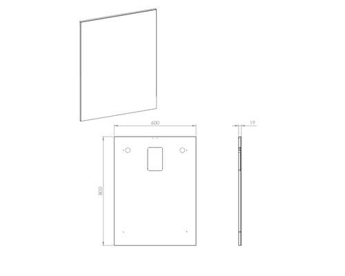 Technický výkres obkladu vany o rozměrech 600 x 800 x 19 mm.