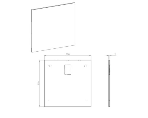 Technický nákres sprchové zástěny, 800x800x19 milimetrů