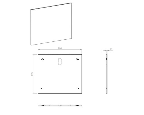 Technický nákres zrcadla o rozměrech 900 x 800 x 19 milimetrů