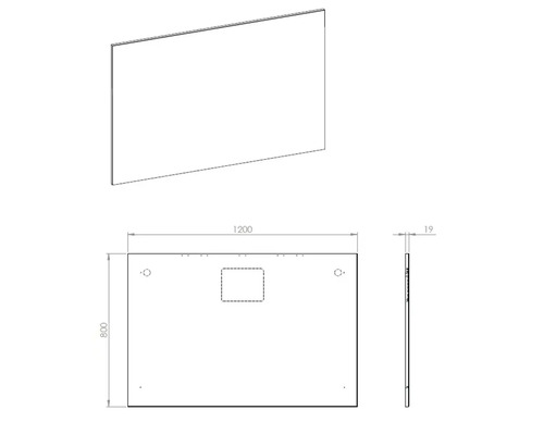 Technický výkres zrcadla o rozměrech 1200 x 800 x 19 milimetrů.