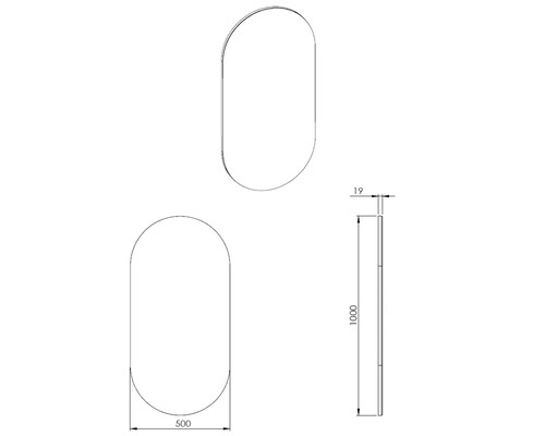 Technický nákres zrcadla s rozměry