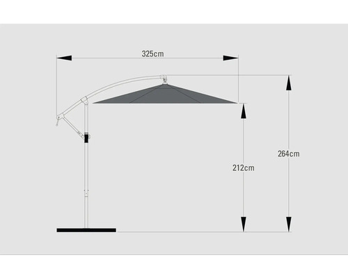 Technický nákres slunečníku o rozměrech 325 cm šířky a 264 cm výšky.