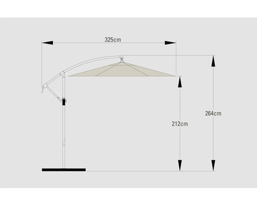 Rozměry slunečníku: šířka 325 centimetrů, výška 264 centimetrů a výška stojanu 212 centimetrů