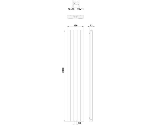Rozměrový nákres radiátoru s údaji: výška 2000 mm, šířka 366 mm, hloubka 72 mm.