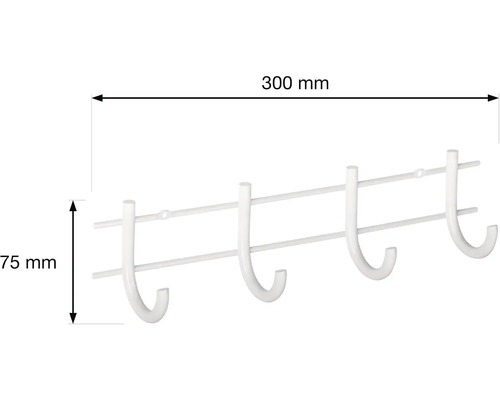 Šatní lišta se čtyřmi háčky, šířka 300 mm a výška 75 mm