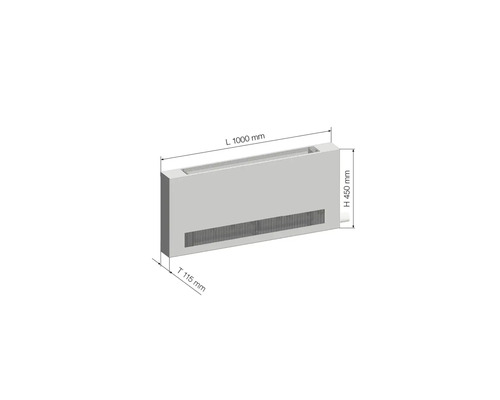 Konvektor topení s rozměry délka 1000 mm, výška 450 mm a hloubka 115 mm.