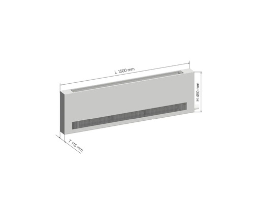 Kryt radiátoru s rozměry 1500 mm délka, 450 mm výška a 115 mm hloubka.