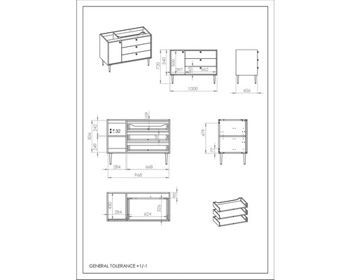 Technický nákres skříňky pod umyvadlo s rozměry