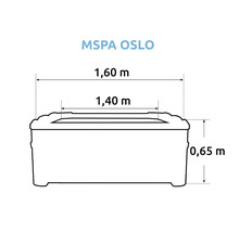 Rozměry vířivky MSpa Oslo: délka 1,60 metru, šířka 1,40 metru, výška 0,65 metru