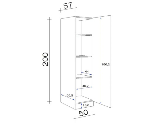 Technický nákres vysoké skříně s otevřenými dveřmi a vnitřními rozměry v centimetrech