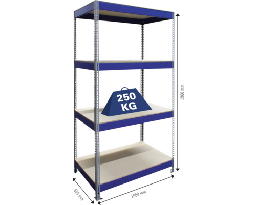 Regál se čtyřmi policemi, rozměry 1960 krát 1000 krát 600 milimetrů a váhovým údajem 250 kilogramů