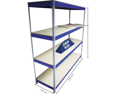 Kovový regál se čtyřmi policemi, rozměry 600 mm x 2000 mm, nosnost 250 kg