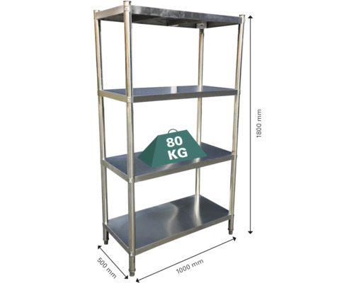 Regál z nerezové oceli se čtyřmi policemi o rozměrech 1800 mm na výšku, 1000 mm na šířku a 500 mm do hloubky