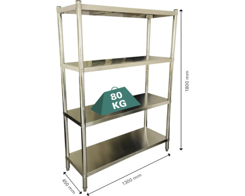 Nerezový regál se čtyřmi úrovněmi o rozměrech 1800 mm výška, 1300 mm šířka a 450 mm hloubka