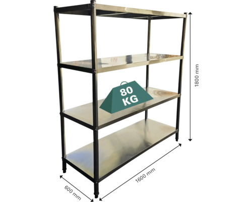 Regál z nerezové oceli se čtyřmi úrovněmi a rozměry