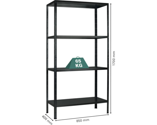 Kovový regál se čtyřmi úrovněmi a údajem o hmotnosti
