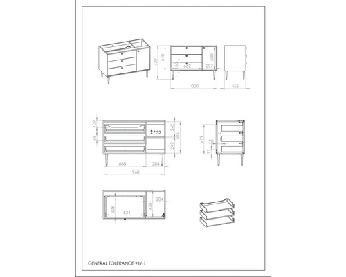 Technický nákres koupelnového nábytku se zásuvkami a úložným prostorem