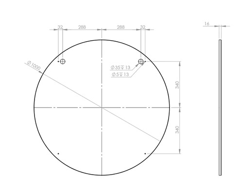 Technický výkres kulaté desky s rozměry