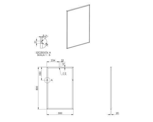 Technický výkres obdélníkového zrcadla s rozměry