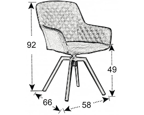 Rozměrový nákres křesla s područkami o rozměrech 92, 66, 58 a 49 centimetrů.