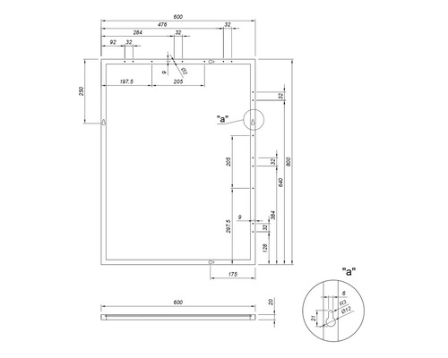 Technický nákres zrcadla s rozměry