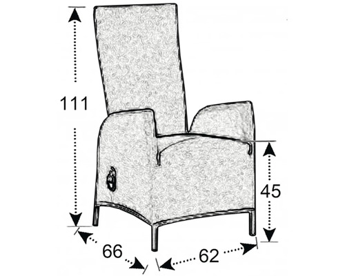 Nákres křesla s rozměry výška 111 cm, výška sedáku 45 cm, šířka 66 cm a hloubka 62 cm.