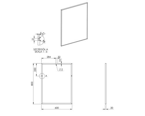 Technický výkres zrcadla s rozměry