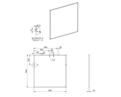 Technický výkres obdélníkové desky s rozměry.