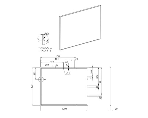 Technický nákres obdélníkového zrcadla s rozměry