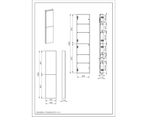 Technický výkres skříně s rozměry