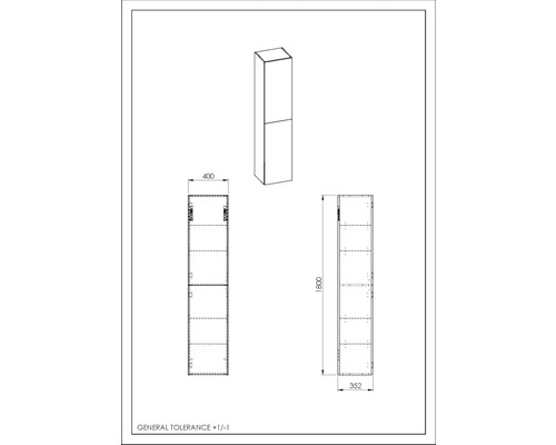Technický výkres vysoké skříně s rozměry