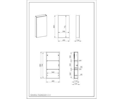 Technický výkres zrcadlové skříňky s rozměry