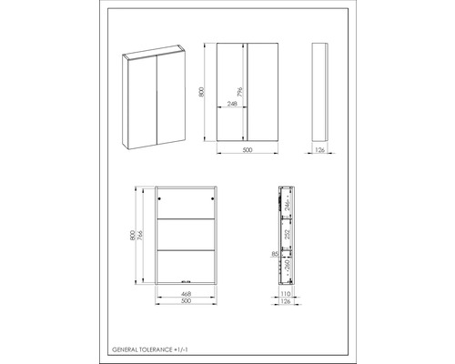 Technický výkres zrcadlové skříňky s rozměry