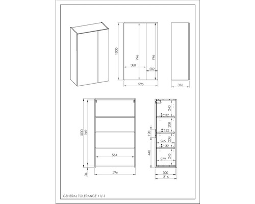 Technický nákres koupelnové skříňky s rozměry