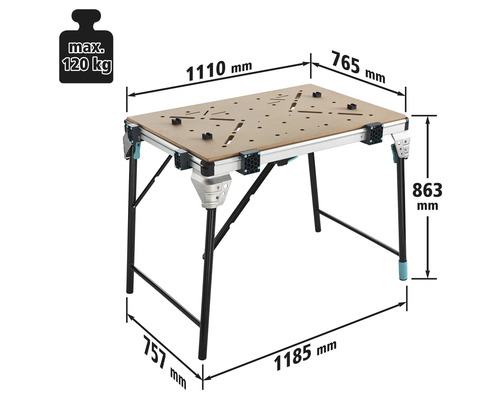 Pracovní stůl o rozměrech 1110 mm x 765 mm, výška 863 mm, maximální nosnost 120 kg