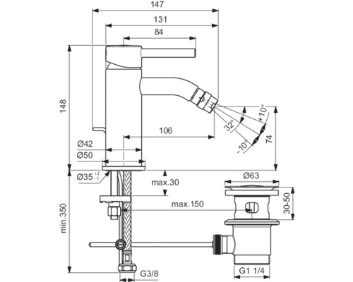 Technický nákres bidetové baterie s rozměry