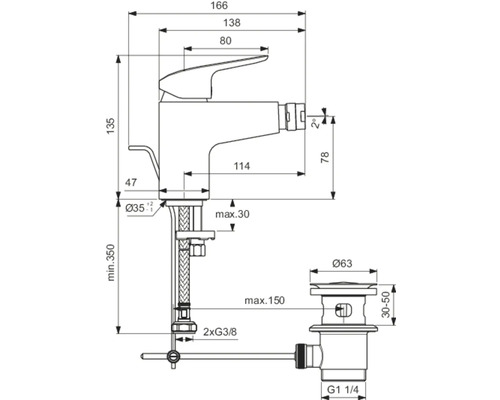 Technický nákres armatury s rozměry.