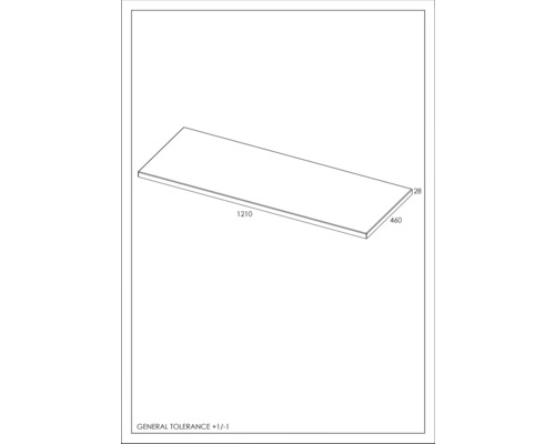 Produktový nákres pracovní desky o rozměrech 1210 x 460 x 28 mm.