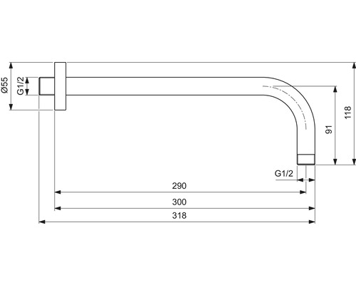 Technický výkres nástěnného výtoku s rozměry.