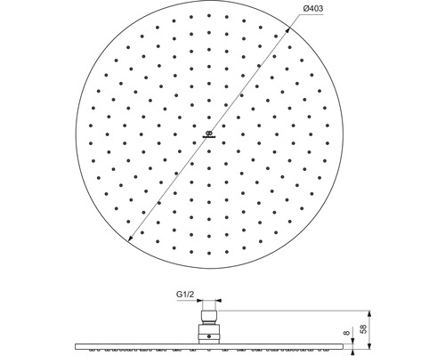 Technický výkres sprchové hlavice s rozměry