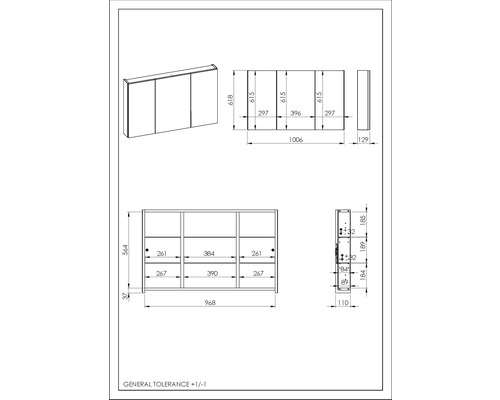 Technický výkres zrcadlové skříňky s rozměry