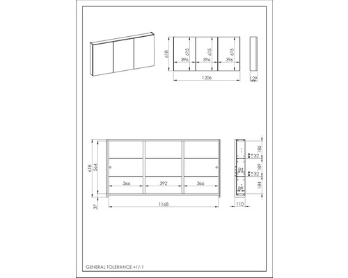 Technický nákres zrcadlové skříňky s rozměry
