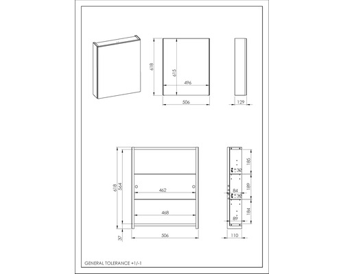 Technický výkres nástěnné skříňky s rozměry