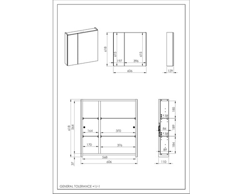 Technický výkres zrcadlové skříňky s rozměry
