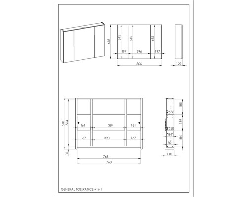 Technický nákres zrcadlové skříňky s rozměry.