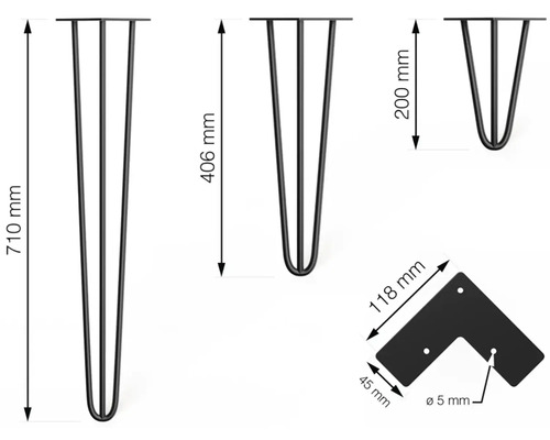Obrázek vlásenkových nohou v různých velikostech a montážní desky ve tvaru L s rozměry