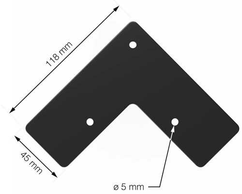 Úhelník o rozměrech 118 mm x 45 mm a třemi otvory o průměru 5 mm