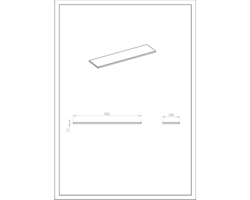 Technický nákres police s rozměry 806, 200 a 15 milimetrů.