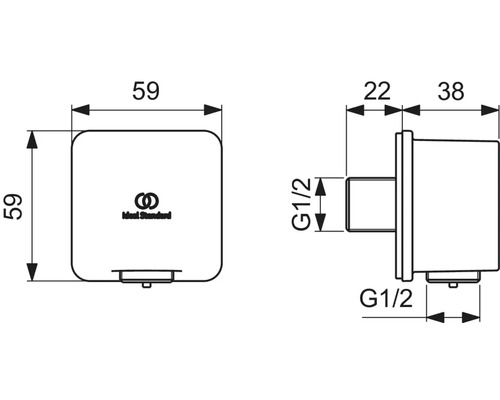 Technický výkres rohového ventilu s rozměry